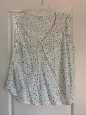 LOFT White Sleeveless V-Neck Tank with Green Dot Print
